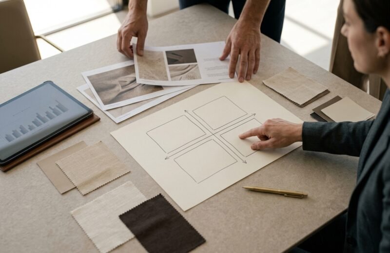 Brand workshop table with printed brand pages, a positioning grid drawn on paper, fabric swatches and a tablet