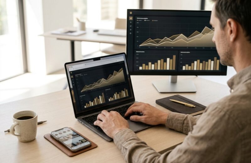 Marketer working on a laptop and second monitor showing analytics dashboards with rising charts