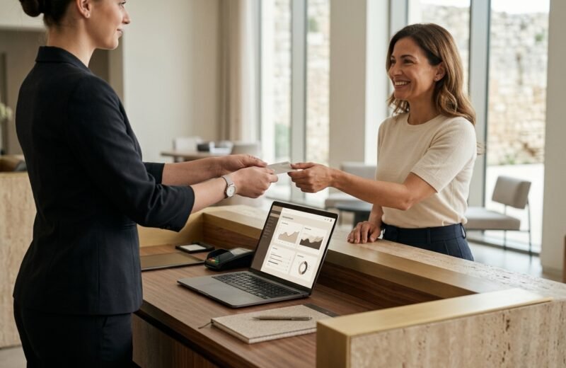 Hotel receptionist handing a key card to a smiling guest at a stone reception desk with a booking dashboard on a laptop